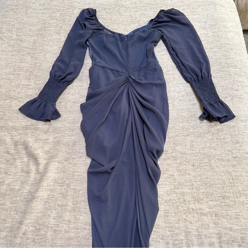 Pretty Little Thing Mineral Blue Satin Insert Draped Chiffon Midi Dress Small 6 - Picture 7 of 7